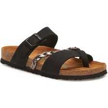 Comfortfüsse / Campell - Deri Çok Bantlı Terlik ( Siyah - Gümüş Baskılı Deri )