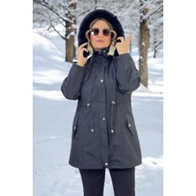 Yağmur Beren Yagmur Beren Çıkartılabilir Kapüşonlu Cepli Içi Komple Peluş Büyük Beden Bonded Kumaş Kışlık Mont