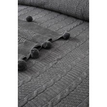 Çift Kişilik Ponponlu Triko Örme Battaniye - Modern & Şık Yatak Örtüsü - Koyu Gri - 220 x 240  cm