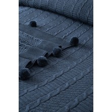 Çift Kişilik Triko Örme Battaniye - Ponponlu Şık & Yumuşak Yatak Örtüsü - Indigo Mavi - 220 x 240  cm