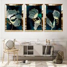 Bitki Soyut Desen Gümüş Pleksi Kenar 3'lü Mdf Tablo