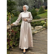 Bems Moda Taş Detaylı Balon Kol Saten Elbise