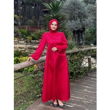 Bems Moda Taş Detaylı Balon Kol Saten Elbise