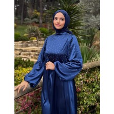 Bems Moda Taş Detaylı Balon Kol Saten Elbise