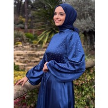 Bems Moda Taş Detaylı Balon Kol Saten Elbise