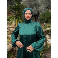 Bems Moda Taş Detaylı Balon Kol Saten Elbise
