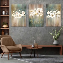 Kolaj Çizim Beyaz Çiçek 3'lü Mdf Tablo Set