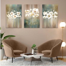 Kolaj Çizim Beyaz Çiçek 3'lü Mdf Tablo Set