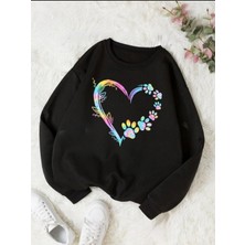 Gökkuşağı Renkli Kalp Baskılı 2 Iplik Şardonlu Bisiklet Yaka Swatshirt
