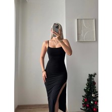 Sırt Bağlamalı Derin Yırtmaç Askılı Elbise - Siyah