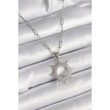 Çarşı Point 316l Çelik Gümüş Renk Zincir Zirkon Taşlı Güneş Model Kadın Kolye