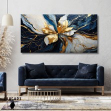 Gaagart Panoramik Kanvas Duvar Tablosu Soyut Mavi Gold Mermer Deseni Çiçek
