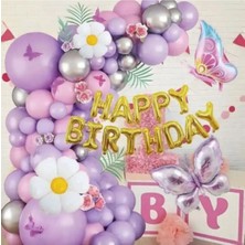 Bkmc Party 2 Li Kelebek Papatya Folyo Balonlu Happy Bırthday Balon Zincir Doğum Günü Parti Seti Süsü