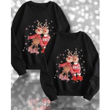 Kids Face Özel Tasarım Kırmızı Çoraplı Geyikler Baskılı Anne-Çocuk Yılbaşı Kombini Sweatshırt.1 Adet Fiyatıdır