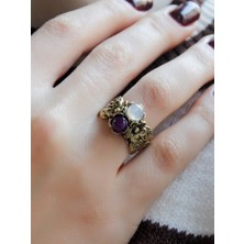 Esha Store Ikili Doğal Taşlı Çiçek Motifli Antik Kadın Ayarlanabilir Yüzük Aytaşı Ametist EUY22AAMT