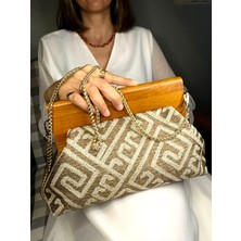 Jophiel Bahram Petite - Zincirli, Ahşap Burslu Kumaş Çanta, Clutch, El Çantası, Kol Çantası, Omuz Çantası, Çanta