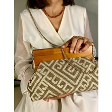 Jophiel Bahram Petite - Zincirli, Ahşap Burslu Kumaş Çanta, Clutch, El Çantası, Kol Çantası, Omuz Çantası, Çanta