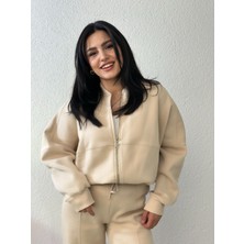 Bej Önü Dikiş Detaylı Pantolon Sweat Takım
