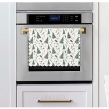 Sulu Boya Çam Ağaçları ve Yılbaşı Objeleri Desenli Lazer Kesim Fırın Örtüsü