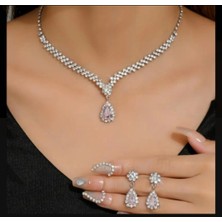 Moda Su Damlası Pembe Taşlı Kolye & Küpe Takı Seti