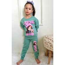 Yağmur Giyim Super Kız Desenli Yeşil 3 Ip Şardonlu  Pamuk Kız Çocuk Eşofman Takımı 3-10 Yaş 7354-Y