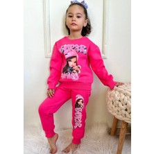 Yağmur Giyim Super Kız Desenli Fuşya 3 Ip Şardonlu  Pamuk Kız Çocuk Eşofman Takımı 3-10 Yaş 7354-F