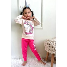 Yağmur Giyim Unicorn Desenli Fuşya 2 Ip  Pamuk Kız Çocuk Eşofman Takımı 3-10 Yaş 7322-F