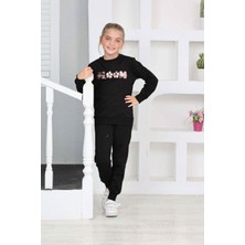 Yağmur Giyim Ploom Desenli Siyah 2 Ip  Pamuk Kız Çocuk Eşofman Takımı 5-14 Yaş 7268-S