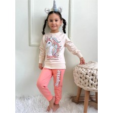 Yağmur Giyim Unicorn Desenli Somon 2 Ip  Pamuk Kız Çocuk Eşofman Takımı 3-10 Yaş 7322-S