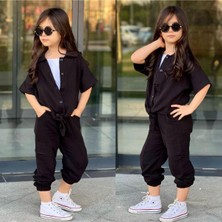 Yağmur Giyim 3lü Müslin Gömlek, Askılı Badi, Pantolonlu Kız Takım Siyah 4-12 Yaş 7029-S