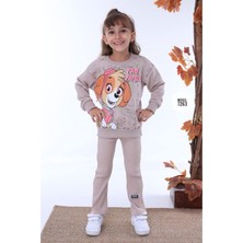 Yağmur Giyim Paw Petrol Desenli Bej Fitilli Taytlı 2 Ip  Pamuk Kız Çocuk Takımı 3-10 Yaş 7263-B