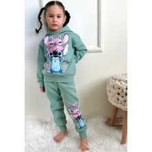 Yağmur Giyim Sttıch Desenli Yeşil 3 Ip Şardonlu Kapşonlu  Pamuk Kız Çocuk Eşofman Takımı 3-10 Yaş 7335-Y