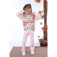 Yağmur Giyim Love Sweat Desenli Pembe Fitilli Taytlı 2 Ip  Pamuk Kız Çocuk Takımı 3-10 Yaş 7223-P