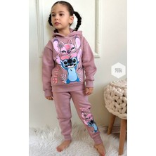 Yağmur Giyim Sttıch Desenli Gül Kurusu 3 Ip Şardonlu Kapşonlu  Pamuk Kız Çocuk Eşofman Takımı 3-10 Yaş 7335-GK