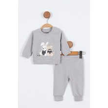 Tavşan Desenli Uzun Kollu Sweatshirt Pamuklu  Erkek Bebek Alt Ust Takım Erkek Bebek Ikili Takım 2 Li