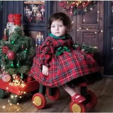 Yeşil Yakalı Ekose Kız Bebek Elbisesi,fotoğraf Çekim Elbisesi, 0-12 Yaşa Uygun