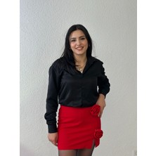 Kırmızı Iki Gül Detaylı Yırtmaçlı Etek