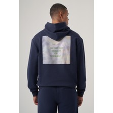 Jule Lacivert Oversize Baskılı Hoodie