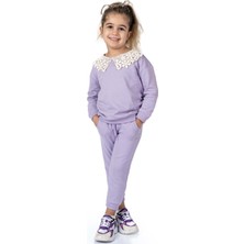 Mnk Baby & Kids Kız Çocuk Dantel Yaka Ikiiplik Eşofman Takım Lila 2023 Sonbahar - Kış Pamuklu-MNK0574