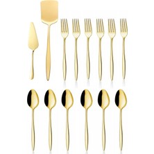 Ülgenev 14 Parça Paslanmaz Çelik Gold Tatlı Kaşığı ve Çatalı, Pasta Spatula Servis Seti