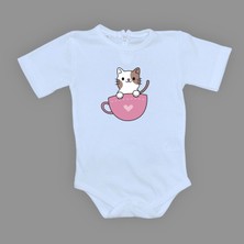 Mnk Baby & Kids Baskılı Kalpli Fincan Kedi Bebek Çıtçıtlı Body - MNK0663-BEBE Mavi-6 Ay