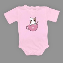 Mnk Baby & Kids Baskılı Kalpli Fincan Kedi Bebek Çıtçıtlı Body - MNK0663-KOYU Pembe-18 Ay