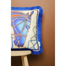 Alseko Concept Saks Püsküllü, Blue Horse Theme Desen 43 x 43 cm  Kare Kırlent Kılıfı