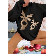 Ag Shoppings Kadın Yılbaşı Özel Uzun Kollu Bisiklet Yaka Geyik Desenli Viskon Iki Iplik Bluz