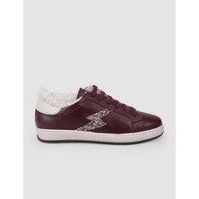 Cabani %100 Hakiki Deri Bordo Bağcıklı Kürklü Kadın Sneaker