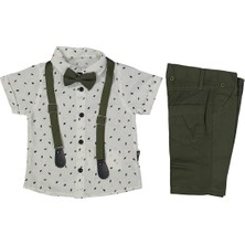 Erkek Çocuk Beyaz Yeşil Pantolonlu Yaprak Desenli Gömlekli Papyonlu Askılı Kısa Kol 3'lü Takım