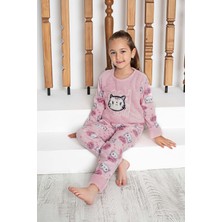 Gri Mor Tekstil Kız Çocuk Göz Bantlı Kedili Peluş Polarlı Pijama Takımı