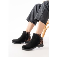 İnfon Ayakkabı Marketi 165-209 Siyah Leopar Arka Bağcık Aksesuarlı Fermuarlı Günlük Kadın Bot