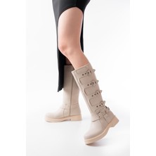 İnfon Ayakkabı Marketi 02-346 Bej Düz Topuklu Günlük Bayan Binici Çizme