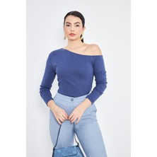 Indigo Tek Omuz Açık Asimetrik Yaka Fit Uzun Kollu Kadın Bluz - 2463